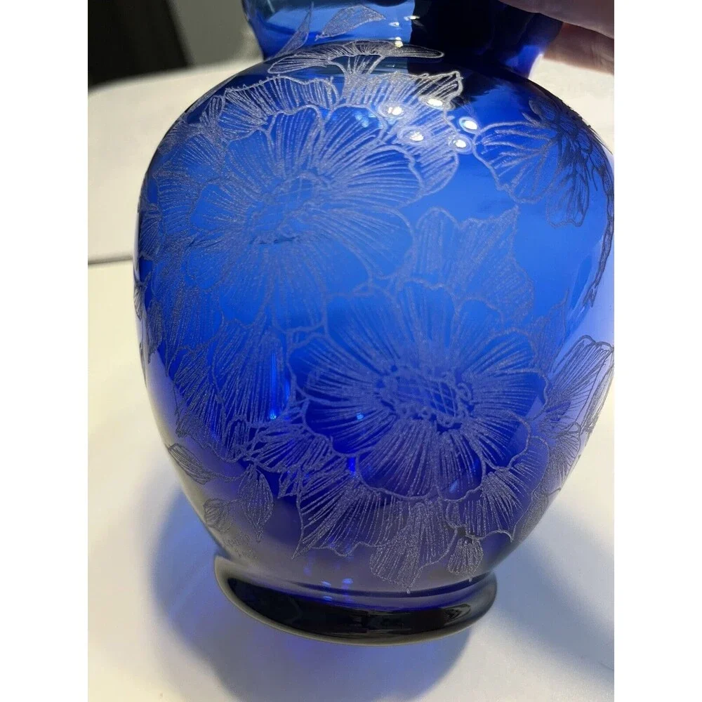 Hand Painted Floral Dragonfly Blue Glass Vase Artist Signed S Conrad